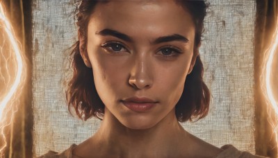 1girl,solo,looking at viewer,short hair,brown hair,shirt,brown eyes,closed mouth,white shirt,dark skin,black eyes,dark-skinned female,lips,portrait,freckles,realistic,nose,electricity,lightning,black hair,eyelashes,close-up,dirty,dirty face