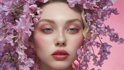 1girl,solo,looking at viewer,short hair,blue eyes,blonde hair,simple background,flower,parted lips,teeth,lips,grey eyes,makeup,leaf,pink background,lipstick,portrait,pink flower,realistic,red lips,eyelashes,close-up,nose,purple flower