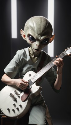 1girl,solo,looking at viewer,shirt,1boy,holding,standing,short sleeves,male focus,pointy ears,pants,black eyes,colored skin,instrument,music,guitar,playing instrument,holding instrument,electric guitar,alien,plectrum,shorts,t-shirt,tentacle hair