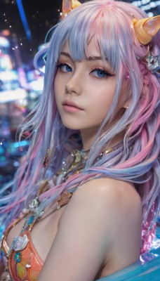 1girl,solo,long hair,breasts,looking at viewer,bangs,blue eyes,hair ornament,bare shoulders,jewelry,medium breasts,closed mouth,blue hair,upper body,pink hair,multicolored hair,horns,necklace,blurry,from side,two-tone hair,lips,eyelashes,makeup,blurry background,gem,realistic,nose,fake horns,artist name,water,depth of field