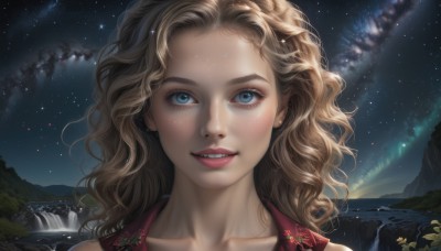 1girl,solo,long hair,looking at viewer,smile,blue eyes,blonde hair,jewelry,collarbone,earrings,outdoors,parted lips,sky,teeth,water,tree,lips,night,wavy hair,portrait,star (sky),night sky,starry sky,freckles,curly hair,mountain,realistic,nose,waterfall,aurora,brown hair,artist name,eyelashes,watermark