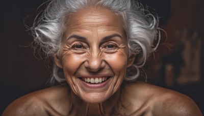 1girl,solo,looking at viewer,smile,open mouth,1boy,collarbone,white hair,grey hair,male focus,nude,teeth,grin,blurry,lips,messy hair,portrait,realistic,old,horror (theme),old woman,wrinkled skin,simple background,black eyes,grey eyes,blurry background,veins,evil smile,evil grin