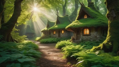 outdoors,day,tree,no humans,window,sunlight,grass,plant,building,nature,scenery,forest,light rays,stairs,fantasy,door,light,road,bush,sunbeam,house,path,rock,moss,tree stump