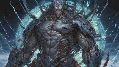 solo,long hair,looking at viewer,1boy,closed mouth,yellow eyes,upper body,weapon,male focus,horns,armor,orange eyes,muscular,glowing,abs,pectorals,muscular male,glowing eyes,science fiction,veins,arms at sides,grey skin,navel,colored skin,facial hair,topless male,manly,cyborg