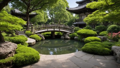 outdoors,sky,day,water,tree,blue sky,no humans,sunlight,grass,plant,building,nature,scenery,forest,rock,stairs,road,bush,architecture,bridge,east asian architecture,river,shrine,path,stone,pond,stone lantern,real world location,reflection