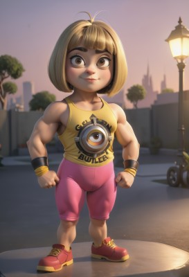 1girl,solo,looking at viewer,smile,short hair,bangs,blonde hair,brown hair,shirt,brown eyes,closed mouth,standing,full body,outdoors,shoes,shorts,pants,blunt bangs,blurry,flat chest,tree,lips,muscular,blurry background,shadow,bob cut,thick eyebrows,antenna hair,tank top,ground vehicle,building,wristband,red footwear,sneakers,child,motor vehicle,clenched hands,sunset,yellow shirt,city,muscular female,female child,car,road,lamppost,biceps,street,pink shorts,bike shorts,pink footwear