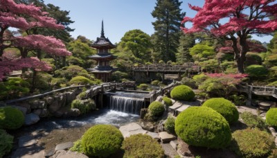 outdoors,sky,day,water,tree,blue sky,no humans,cherry blossoms,building,nature,scenery,rock,architecture,bridge,east asian architecture,river,waterfall,real world location,cloud,grass,bush,moss,pond,pagoda