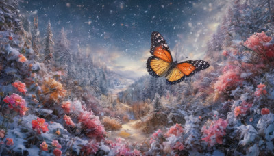 flower, outdoors, sky, cloud, tree, no humans, bug, red flower, butterfly, nature, scenery, snow, forest, snowing, mountain, winter, landscape, pine tree