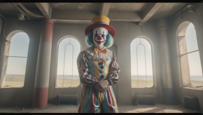 solo,looking at viewer,smile,gloves,long sleeves,1boy,hat,bow,holding,standing,male focus,green hair,striped,indoors,bowtie,window,mask,parody,own hands together,top hat,facepaint,pillar,cane,clown,aqua hair,makeup,letterboxed,ruins