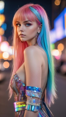 1girl,solo,long hair,breasts,looking at viewer,bangs,blue eyes,dress,bare shoulders,jewelry,medium breasts,blue hair,upper body,pink hair,multicolored hair,earrings,parted lips,artist name,blunt bangs,necklace,blurry,from side,two-tone hair,lips,streaked hair,looking to the side,eyelashes,strapless,sideboob,makeup,depth of field,blurry background,strapless dress,armlet,eyeshadow,headset,realistic,nose,bokeh,mascara,closed mouth,hairband,small breasts,detached sleeves,signature,mole,aqua hair,gradient hair,expressionless,piercing,eyeliner