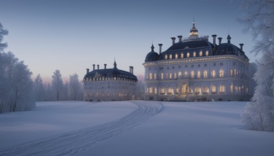 outdoors,sky,water,tree,no humans,night,building,star (sky),nature,night sky,scenery,snow,forest,starry sky,road,winter,bridge,bare tree,river,lake,pine tree,city,fantasy,architecture,castle,fog