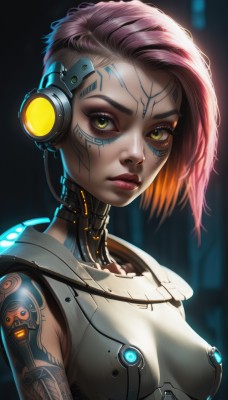 1girl,solo,breasts,looking at viewer,short hair,medium breasts,closed mouth,green eyes,yellow eyes,upper body,pink hair,multicolored hair,small breasts,sleeveless,artist name,signature,orange hair,blurry,two-tone hair,lips,eyelashes,bodysuit,tattoo,gradient hair,makeup,blurry background,glowing,headgear,headphones,facial mark,lipstick,forehead,eyeshadow,freckles,science fiction,asymmetrical hair,nose,android,red lips,eyeliner,cable,undercut,cyborg,robot joints,mascara,cyberpunk,mechanical parts,headset,backlighting,realistic,facepaint