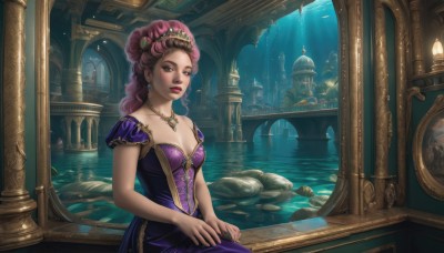 1girl,solo,long hair,breasts,looking at viewer,hair ornament,dress,cleavage,bare shoulders,brown eyes,jewelry,medium breasts,sitting,collarbone,pink hair,short sleeves,earrings,parted lips,artist name,indoors,signature,water,necklace,lips,strapless,makeup,night,moon,tiara,crown,lipstick,building,gem,scenery,strapless dress,purple dress,pendant,reflection,fish,light rays,fantasy,clock,red lips,watercraft,pillar,castle,tower,arch,hands on lap,purple hair,teeth,curly hair,rock,realistic,candle,architecture,boat,lily pad,princess