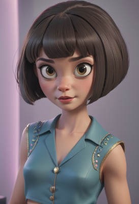 1girl,solo,breasts,looking at viewer,short hair,bangs,brown hair,shirt,cleavage,bare shoulders,brown eyes,collarbone,upper body,small breasts,parted lips,sleeveless,midriff,collared shirt,blunt bangs,blurry,lips,crop top,eyelashes,sleeveless shirt,makeup,buttons,bob cut,thick eyebrows,blue shirt,lipstick,freckles,nose,collared vest,vest