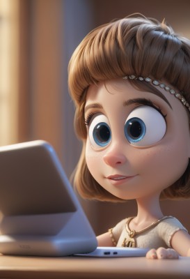 1girl,solo,smile,short hair,bangs,blue eyes,brown hair,shirt,hair ornament,jewelry,parted lips,teeth,artist name,indoors,necklace,nail polish,blurry,lips,blurry background,child,red nails,freckles,female child,computer,laptop,dress,eyelashes,depth of field,realistic,nose