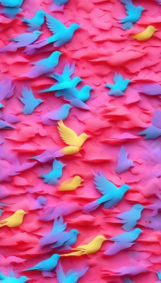 no humans,bird,animal,from above,flying,animal focus,too many,odd one out,flock,solo,scenery,pink theme,colorful,surreal