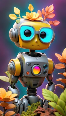 solo,looking at viewer,blue eyes,1boy,standing,flower,no humans,leaf,plant,robot,mecha,science fiction,yellow flower,humanoid robot,non-humanoid robot,frown,goggles,joints