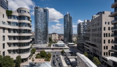 outdoors,sky,day,cloud,tree,blue sky,no humans,window,cloudy sky,ground vehicle,building,scenery,motor vehicle,city,car,road,cityscape,lamppost,street,skyscraper,real world location,vehicle focus,truck,crosswalk