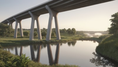 outdoors,sky,day,water,tree,no humans,sunlight,grass,plant,nature,scenery,forest,reflection,sunset,bush,pillar,river,landscape,lake,building,bridge,reflective water