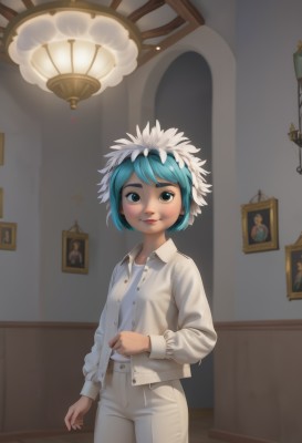 1girl,solo,looking at viewer,smile,short hair,blue eyes,shirt,long sleeves,closed mouth,blue hair,standing,jacket,white shirt,cowboy shot,small breasts,open clothes,collared shirt,pants,indoors,lips,aqua hair,white jacket,feathers,white pants,unbuttoned,lamp,blush,1boy,green eyes,male focus,male child