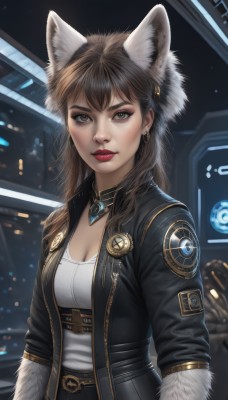 1girl,solo,long hair,breasts,looking at viewer,bangs,brown hair,shirt,animal ears,cleavage,brown eyes,jewelry,medium breasts,jacket,white shirt,upper body,earrings,parted lips,open clothes,belt,artist name,mole,open jacket,lips,black jacket,animal ear fluff,grey eyes,fur trim,mole under eye,makeup,wolf ears,lipstick,extra ears,eyeshadow,freckles,science fiction,nose,red lips,leather,leather jacket,black hair,pants,necklace,black pants,realistic,wolf girl