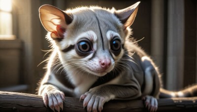 HQ,solo,looking at viewer,blue eyes,heart,indoors,blurry,no humans,depth of field,blurry background,animal,cat,claws,realistic,animal focus,mouse,whiskers,brown eyes,closed mouth,full body,lying,window,on stomach