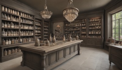 day,indoors,tree,cup,book,no humans,window,table,sunlight,bottle,plant,scenery,wooden floor,bookshelf,stool,shelf,jar,ceiling,bar (place),counter,ceiling light,cabinet,chandelier,chair,plate,fantasy