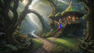 1girl,solo,long hair,blonde hair,brown hair,dress,standing,flower,outdoors,water,tree,blue dress,bird,sunlight,grass,plant,nature,scenery,forest,light rays,stairs,fantasy,sunbeam,vines,house,bridge,waterfall,blue eyes,multicolored hair,barefoot,day,book,ruins,mushroom,arch,moss,overgrown