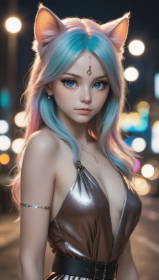 1girl,solo,long hair,breasts,looking at viewer,bangs,blue eyes,dress,animal ears,cleavage,bare shoulders,jewelry,medium breasts,closed mouth,blue hair,upper body,multicolored hair,earrings,small breasts,belt,artist name,cat ears,necklace,mole,blurry,black dress,two-tone hair,lips,animal ear fluff,parted bangs,eyelashes,aqua hair,gradient hair,depth of field,blurry background,facial mark,gem,forehead,armlet,freckles,nose,forehead jewel,bokeh,plunging neckline,collarbone,pink hair,sleeveless,shiny,signature,mole under eye,makeup,sleeveless dress,halterneck,wavy hair,expressionless,breasts apart,extra ears,backlighting,mole on breast,pink lips,realistic,arms at sides,mascara,parted hair,head chain