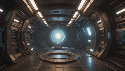 indoors,no humans,glowing,scenery,reflection,science fiction,light,cable,robot,machinery,realistic,tiles,spacecraft