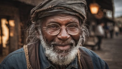 solo,looking at viewer,smile,blue eyes,1boy,hat,closed mouth,upper body,white hair,grey hair,male focus,outdoors,glasses,blurry,depth of field,blurry background,facial hair,portrait,beard,realistic,round eyewear,mustache,old,old man,turban,wrinkled skin,lips