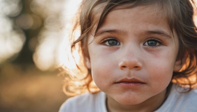 1girl,solo,looking at viewer,brown hair,shirt,brown eyes,closed mouth,white shirt,blurry,lips,grey eyes,eyelashes,depth of field,blurry background,expressionless,child,portrait,close-up,realistic,nose,female child,bokeh,short hair,bangs,parted lips