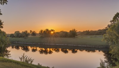 outdoors,sky,cloud,water,tree,no humans,sunlight,grass,plant,nature,scenery,forest,reflection,sunset,mountain,palm tree,sun,river,evening,landscape,lake,gradient sky,orange sky,leaf