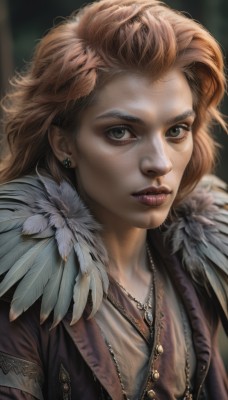 1girl,solo,long hair,looking at viewer,brown hair,1boy,brown eyes,jewelry,closed mouth,green eyes,upper body,male focus,earrings,necklace,blurry,vest,lips,grey eyes,makeup,blurry background,feathers,portrait,freckles,realistic,nose,orange hair,fur trim