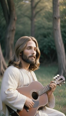 solo,brown hair,shirt,long sleeves,1boy,holding,brown eyes,sitting,closed mouth,white shirt,male focus,outdoors,day,pants,artist name,signature,medium hair,blurry,tree,depth of field,blurry background,facial hair,grass,bug,butterfly,instrument,nature,beard,forest,realistic,mustache,music,guitar,playing instrument,holding instrument,lute (instrument),acoustic guitar,dress,looking up,stubble