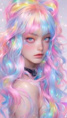 1girl,solo,long hair,breasts,looking at viewer,blush,bangs,blue eyes,simple background,bare shoulders,closed mouth,blue hair,upper body,pink hair,multicolored hair,choker,artist name,collar,from side,two-tone hair,lips,eyelashes,sparkle,gradient hair,makeup,watermark,wavy hair,portrait,eyeshadow,pink lips,nose,mascara,rainbow hair,blonde hair,nude,facial mark,realistic