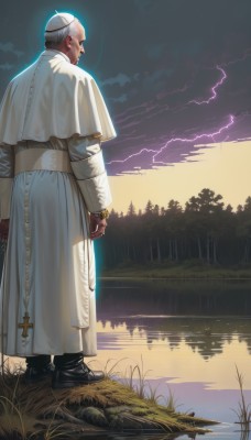 solo,short hair,long sleeves,1boy,jewelry,standing,full body,white hair,grey hair,male focus,boots,outdoors,sky,cloud,water,from behind,black footwear,tree,capelet,glowing,facial hair,halo,cloudy sky,grass,cross,nature,beard,reflection,robe,white capelet,old,old man,lightning,lake,white robe,priest,signature,night,science fiction,rock,realistic,bald