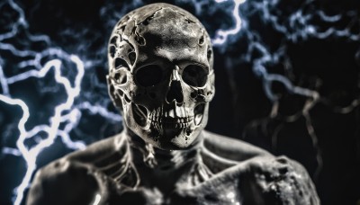 solo,looking at viewer,1boy,monochrome,upper body,male focus,teeth,blurry,no humans,blurry background,helmet,portrait,1other,skeleton,horror (theme),black background,skull,electricity,lightning