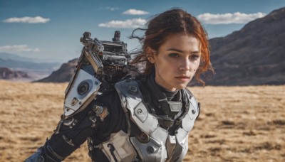 1girl,solo,looking at viewer,short hair,blue eyes,brown hair,brown eyes,closed mouth,upper body,outdoors,sky,day,cloud,medium hair,armor,mole,blurry,blue sky,lips,bodysuit,blurry background,freckles,science fiction,breastplate,mountain,realistic,power armor,desert,dirty