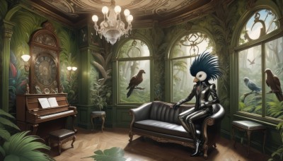 1girl,solo,long hair,black hair,red eyes,sitting,indoors,tree,window,bodysuit,mask,bird,animal,chair,table,bug,plant,scenery,couch,skin tight,wooden floor,black bodysuit,clock,potted plant,bench,leather,owl,analog clock,wall clock,1boy,jacket,male focus,day,black footwear,black jacket,book,no humans,feathers,desk,lamp,joints,statue,crow,leather jacket,leather pants