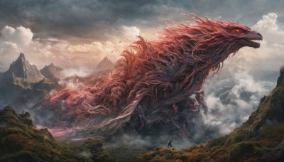 1boy, outdoors, sky, cloud, glowing, bird, cloudy sky, scenery, monster, mountain, dragon