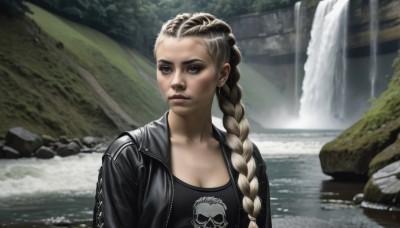 1girl,solo,long hair,breasts,blue eyes,blonde hair,shirt,cleavage,jewelry,medium breasts,closed mouth,jacket,upper body,braid,multicolored hair,earrings,outdoors,open clothes,day,water,open jacket,lips,black jacket,single braid,looking away,piercing,ear piercing,hair over shoulder,forehead,rock,realistic,nose,leather,river,waterfall,leather jacket,stream,looking at viewer,brown hair,collarbone,two-tone hair,black shirt,makeup,sunlight,braided ponytail,skull print