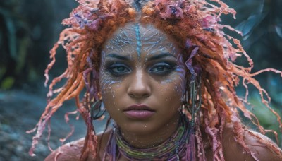 1girl,solo,long hair,looking at viewer,blue eyes,hair ornament,jewelry,closed mouth,earrings,artist name,dark skin,necklace,orange hair,blurry,dark-skinned female,lips,eyelashes,blurry background,facial mark,portrait,realistic,nose,facepaint,neck ring,straight-on,very dark skin,dreadlocks,tribal,flower,hair flower,makeup,watermark,close-up,freckles