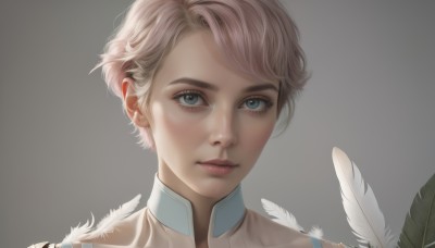 1girl,solo,looking at viewer,short hair,bangs,blue eyes,blonde hair,simple background,closed mouth,pink hair,male focus,grey background,lips,grey eyes,eyelashes,feathers,portrait,androgynous,freckles,realistic,nose,very short hair,brown hair,white background,artist name,makeup,straight-on