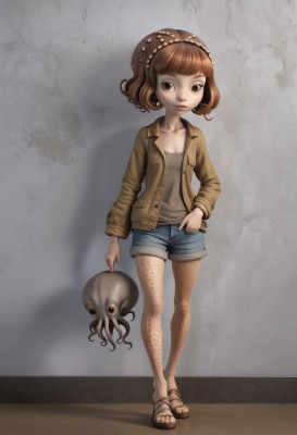 1girl,solo,breasts,looking at viewer,smile,short hair,bangs,brown hair,shirt,hat,brown eyes,standing,jacket,full body,small breasts,open clothes,shorts,blunt bangs,open jacket,lips,hand on hip,short shorts,shadow,sandals,denim,monster girl,tentacles,blue shorts,denim shorts,brown jacket,octopus,holding,collarbone,hairband,polka dot,child,hand in pocket