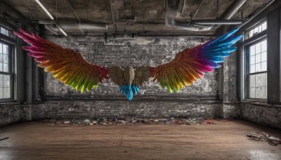 wings,day,indoors,no humans,window,bird,sunlight,scenery,door,hallway,broken window,signature,feathers,light rays,tiles,wall,tile floor,ruins,graffiti,spread wings,industrial pipe