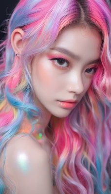 1girl,solo,long hair,looking at viewer,blonde hair,simple background,bare shoulders,brown eyes,jewelry,closed mouth,blue hair,upper body,pink hair,multicolored hair,earrings,black eyes,two-tone hair,lips,eyelashes,gradient hair,makeup,piercing,lipstick,portrait,eyeshadow,nose,eyeliner,mascara,rainbow hair,shiny,watermark,wavy hair,pink lips,realistic,red lips