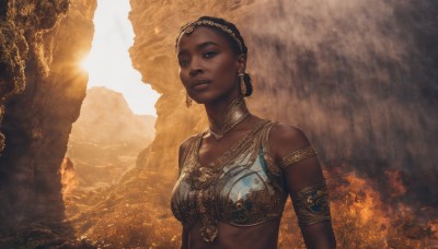 1girl,solo,breasts,short hair,black hair,brown eyes,jewelry,medium breasts,upper body,earrings,dark skin,necklace,armor,dark-skinned female,lips,underboob,armlet,realistic,neck ring,gold,very dark skin,gorget,brown hair,bare shoulders,midriff,fire