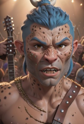 looking at viewer,open mouth,1boy,holding,brown eyes,jewelry,blue hair,upper body,ponytail,male focus,earrings,multiple boys,teeth,solo focus,pointy ears,necklace,blurry,lips,facial hair,chain,fangs,piercing,instrument,portrait,beard,realistic,nose,guitar,holding instrument,electric guitar,crowd,solo,collarbone,yellow eyes,artist name,clenched teeth,topknot,mohawk