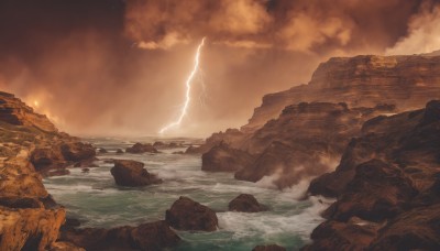 outdoors,sky,cloud,water,no humans,ocean,cloudy sky,scenery,rock,mountain,horizon,electricity,lightning,shore,cliff,sunset,fantasy,river,waves,landscape,molten rock